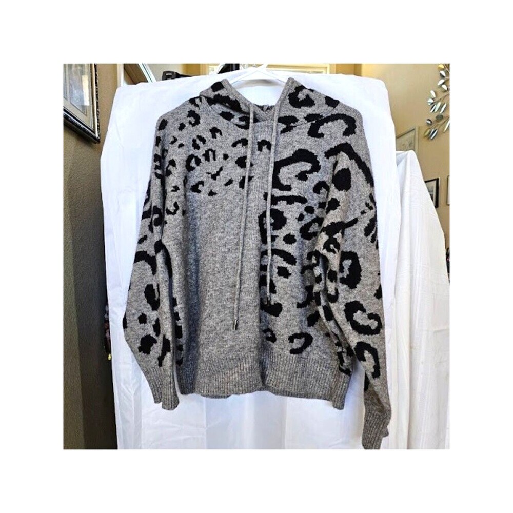 White Birch Gray Black Leopard Print Hooded Knit Sweater Pullover Hoodie L